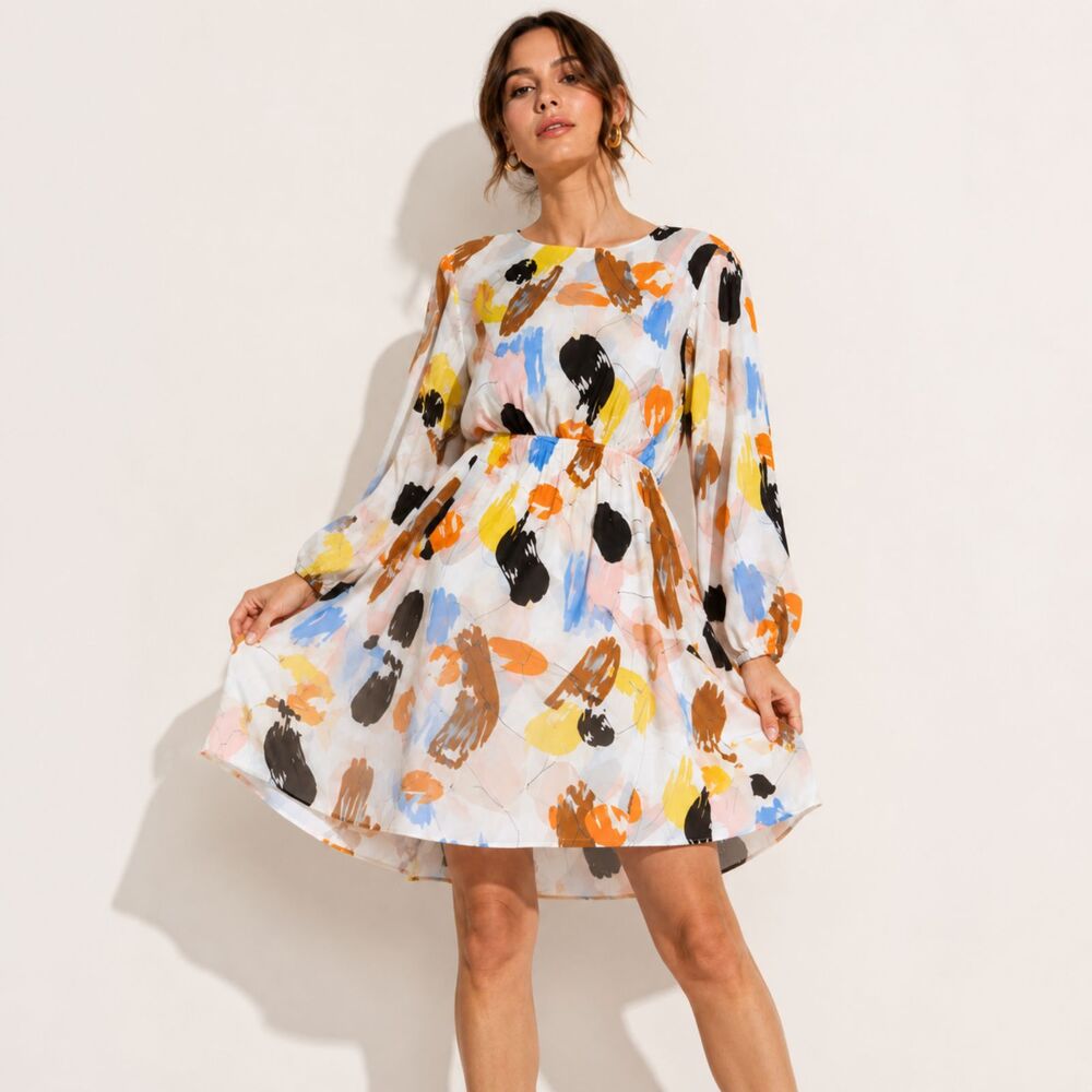 Boho Abstract Brushstroke Babydoll Dress Medium Long Sleeve Colorful Artsy